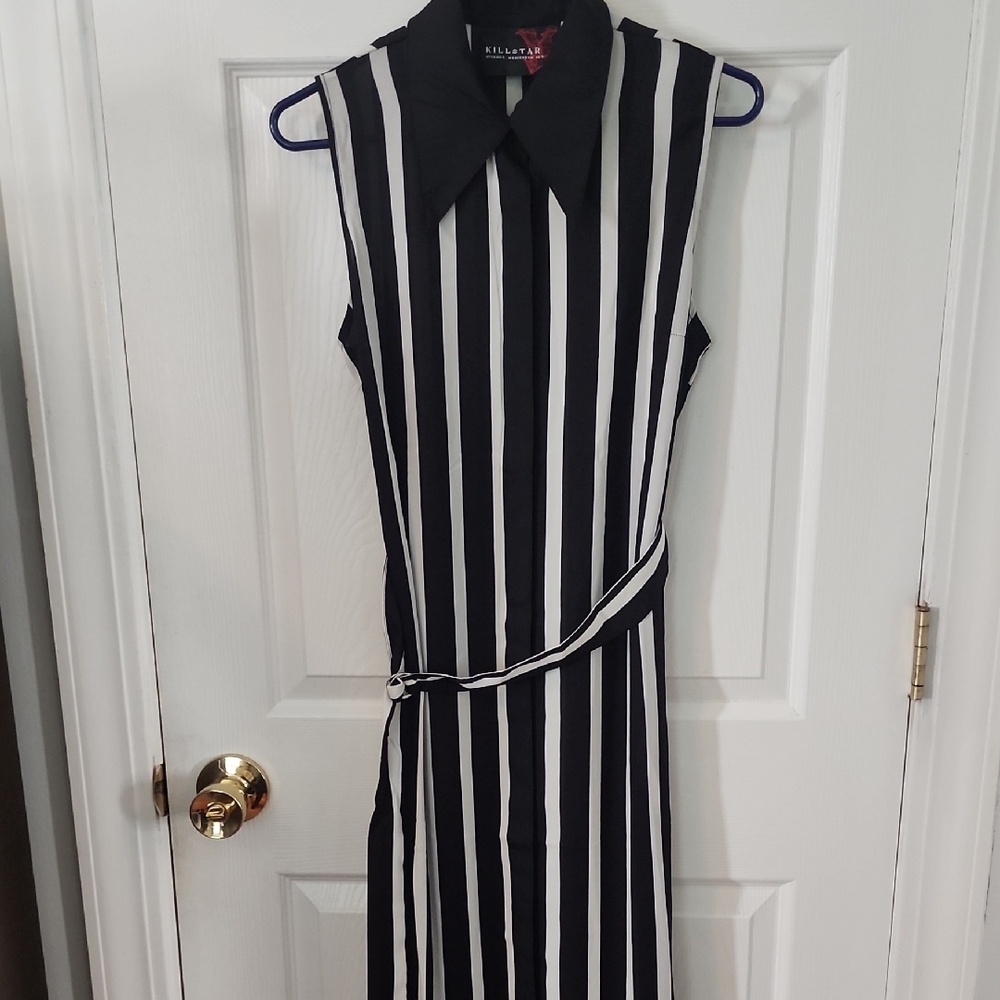 KILLSTAR Zephania Black & White Vertical Stripe Maxi Shirt Dress